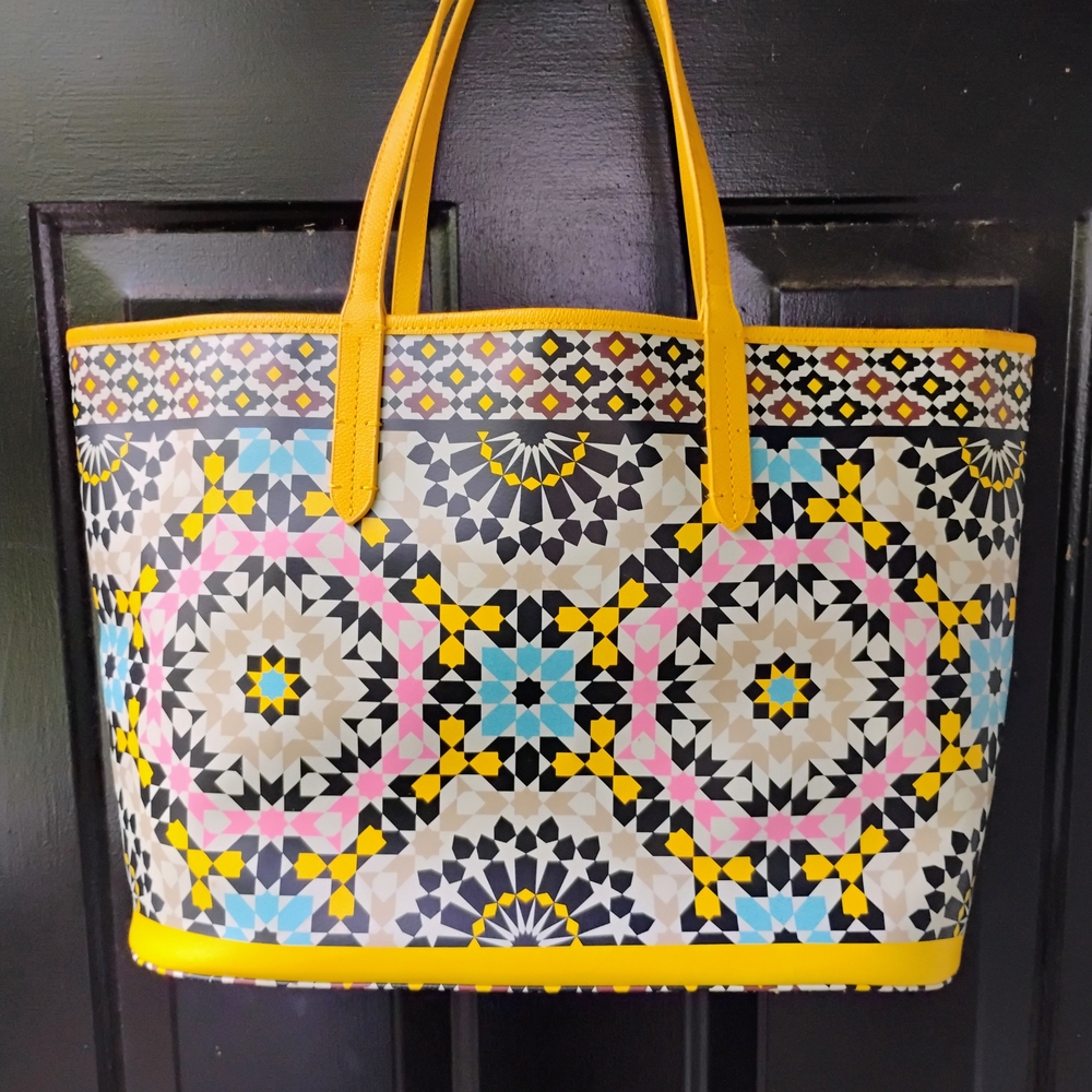 orYANY Vibrant All Leather Mosaic Print Tote Bag with Yellow Accents